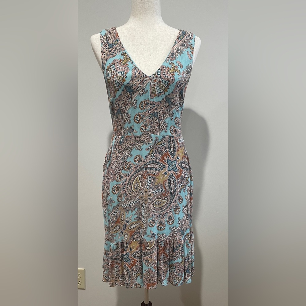 Cynthia Rowley Sleeveless Dress Womens 6 Teal Paisley Print Pockets Ruffle